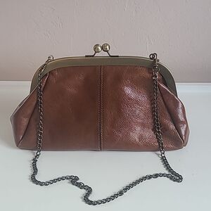 PATRICIA NASH Large Brown Leather Clutch Purse Vintage Clasp Chain Strap